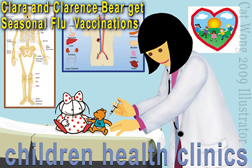 Children's characters CLARA with her yound friend CLARENCE BEAR at Doctor's office getting H1N1 aka Swine Flu Shot