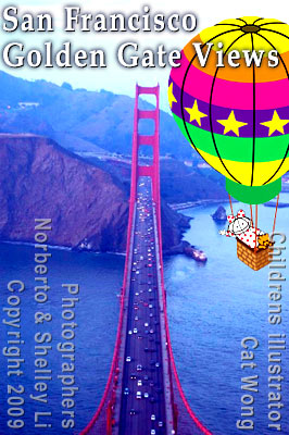 Photo of San Francisco's Golden Gate Bridge  taken by Norberto Li, dentisit with hotair balloon children's illustration of Clara and Clarence Bear characters
